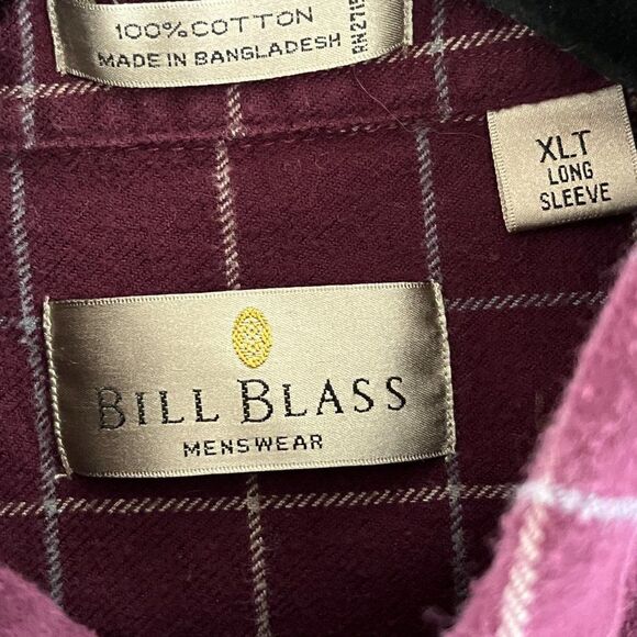 Bill Blass Mens Plaid Shirt Extra Large Tall XLT Maroon Cotton - Picture 16 of 16